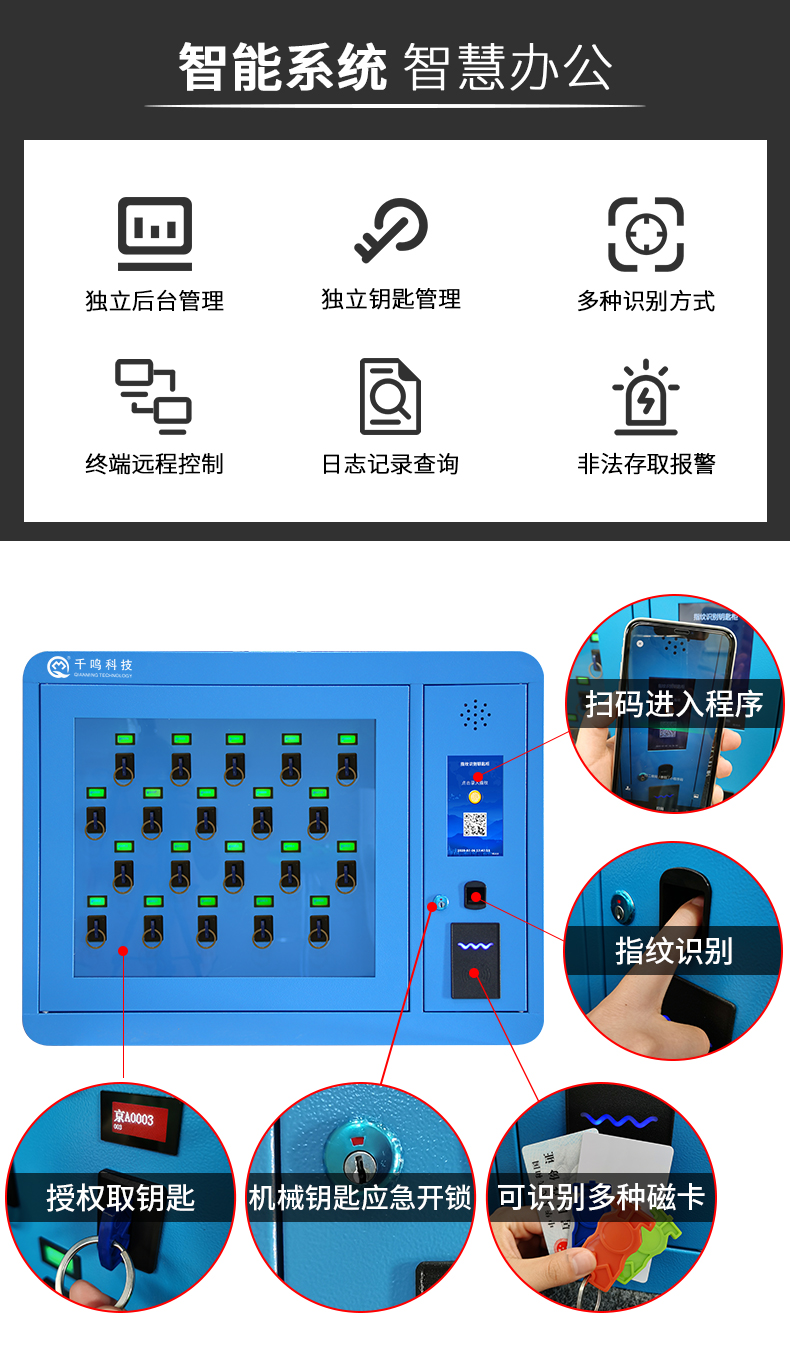 千鸣20位钥匙管理柜自动存取功能,钥匙柜功能介绍,智能刷卡型壁挂钥匙柜